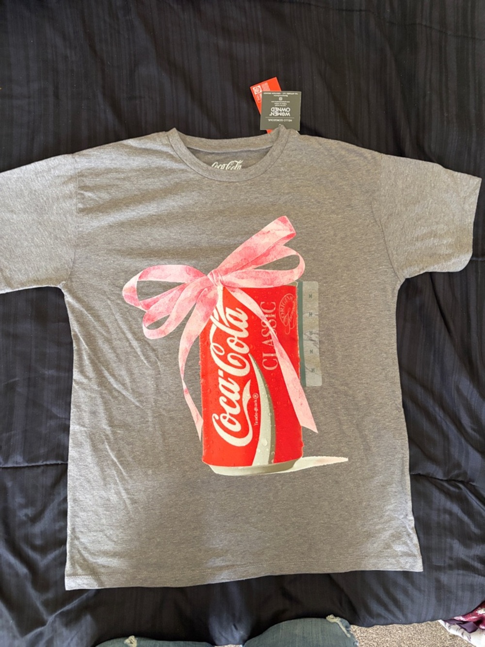 Coca Cola Gray Tee with Red Can and Pink Bow Graphic